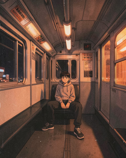 Dessin animé : un garçon seul dans un train la nuit